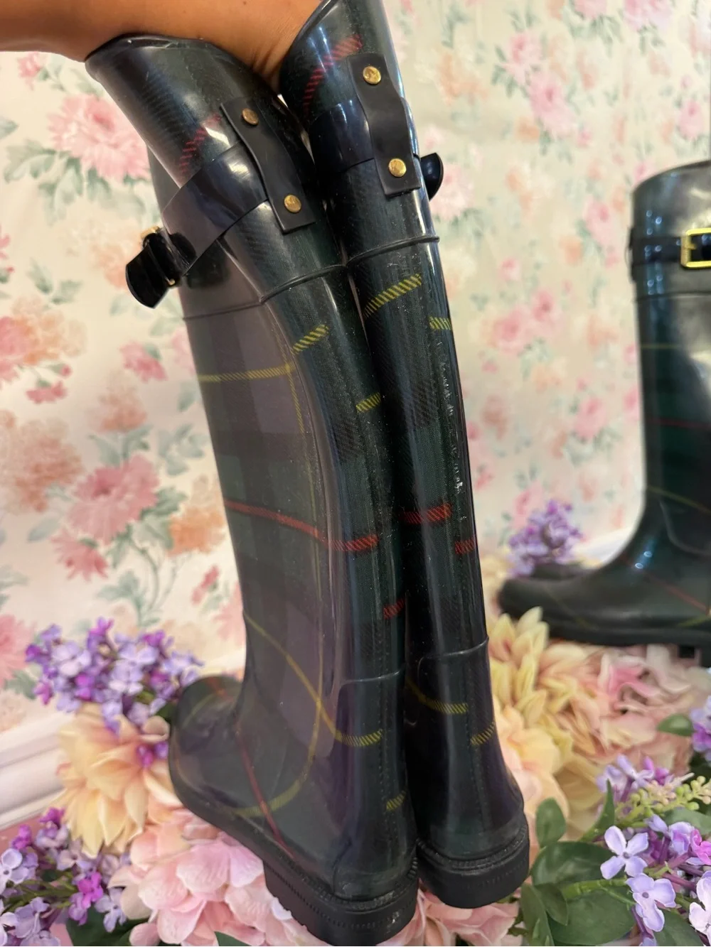 Ralph Lauren Dark Green Plaid Over-the-Knee Rain Boots